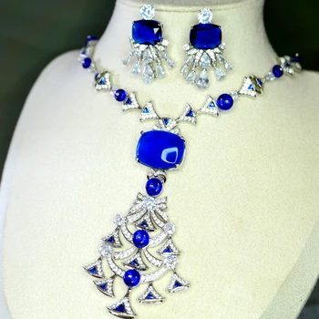 Dubai Fashion Blue Zircon Flower Geometric Fan Shape Dangle Earrings Necklace Luxury Silver Gold plated Jewelry Set for Wedding