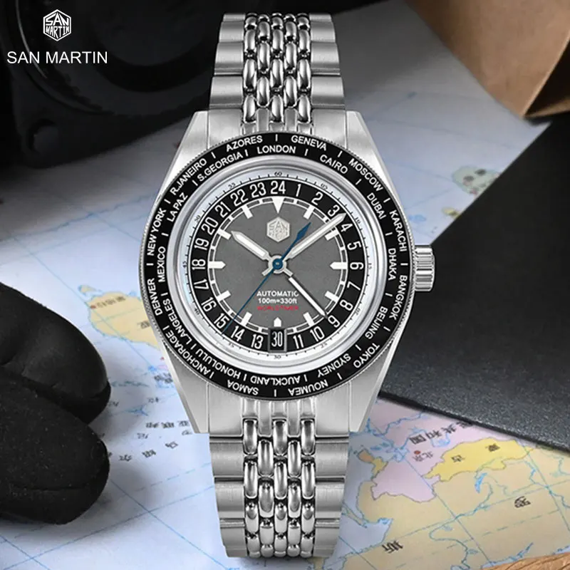 

San Martin 39.5mm Automatic Mechanical Diver Men's Watch GMT Japan NH34 Luxury Sapphire Crystal 100M Waterproof BGW-9 Luminous