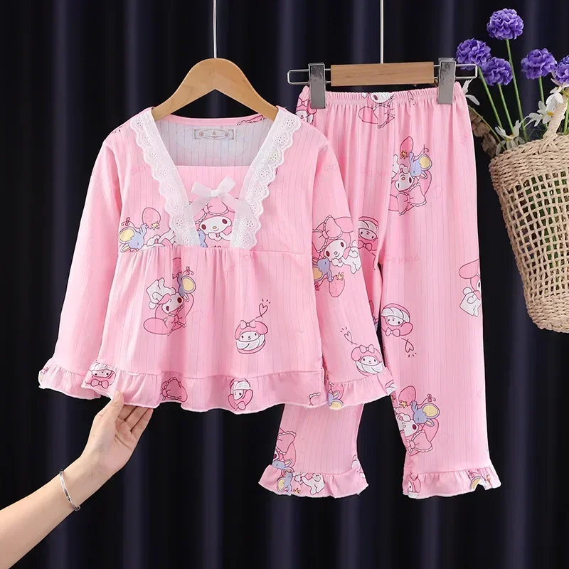 Miniso Kuromi Cinnamoroll Autumn Children's Pajamas Set Anime My Melody Long Sleeved Sleepwear Set Little Girl Home Clothing 5