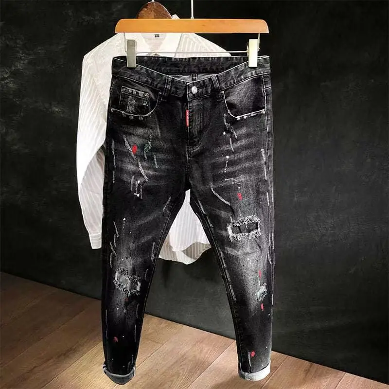 Ripped Jeans Men's Autumn Korean Style Work Ripped Hole Cowboy Hip Hop Dotting Ink Slim Luxury Denim Pants
