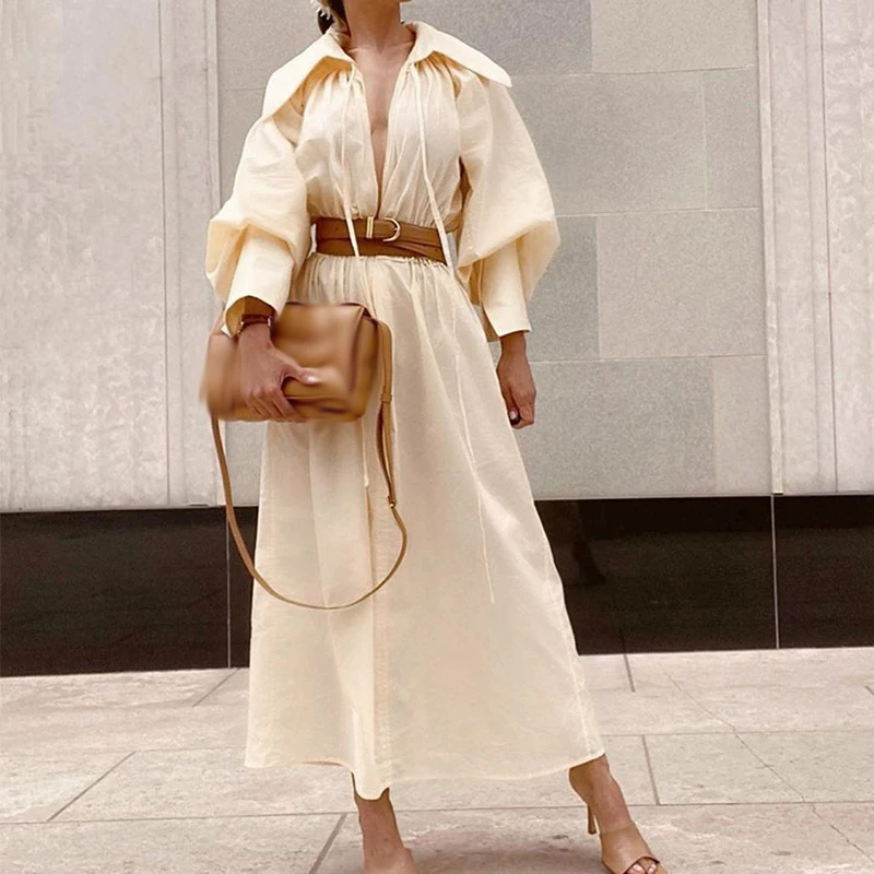 

French Puff Sleeve V-Neck Solid Loose Dress&Belt Spring Women Belt Lapel Collar Party Long Dress Casual Autumn Bohe Female Dress