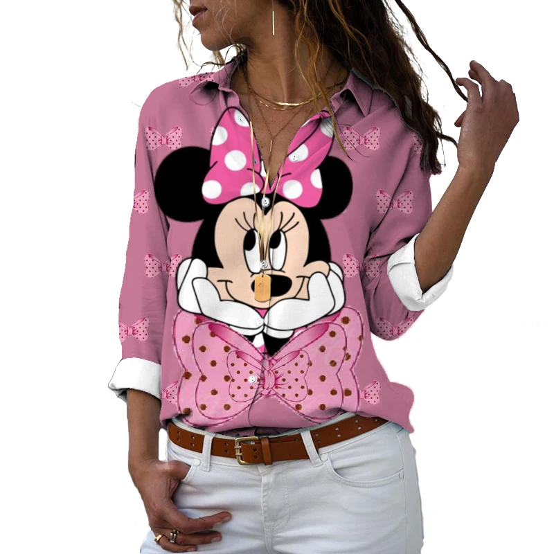 

2024 Spring and Autumn Fashion New Disney Character Mickey and Minnie 3D Printed Women's Cute Shirt Button Polo Long Sleeve Top