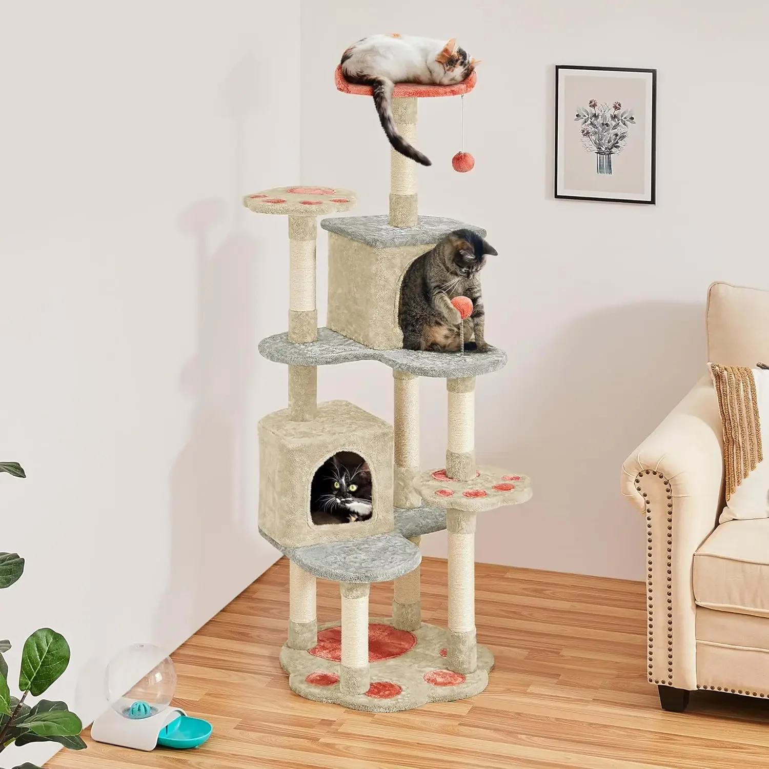 

Cat Paw-Shaped Play Tower with Heart-Shaped Platform, Spring Ball & Hanging Ball, Double Condos, Scratching Posts
