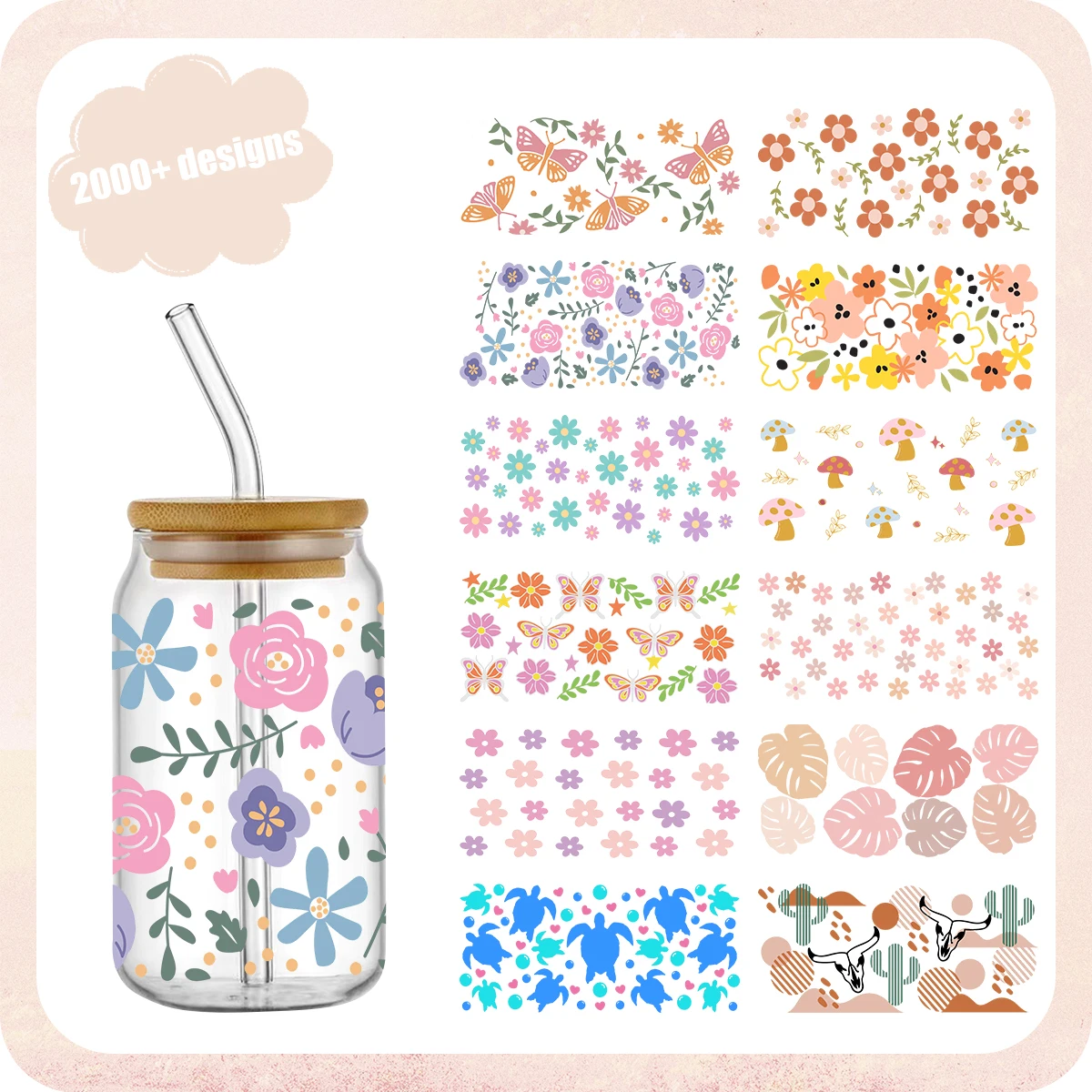 

Colorful flower 16oz UV DTF Cup Wraps Decals Waterproof transfers Press Libbey Can Stickers