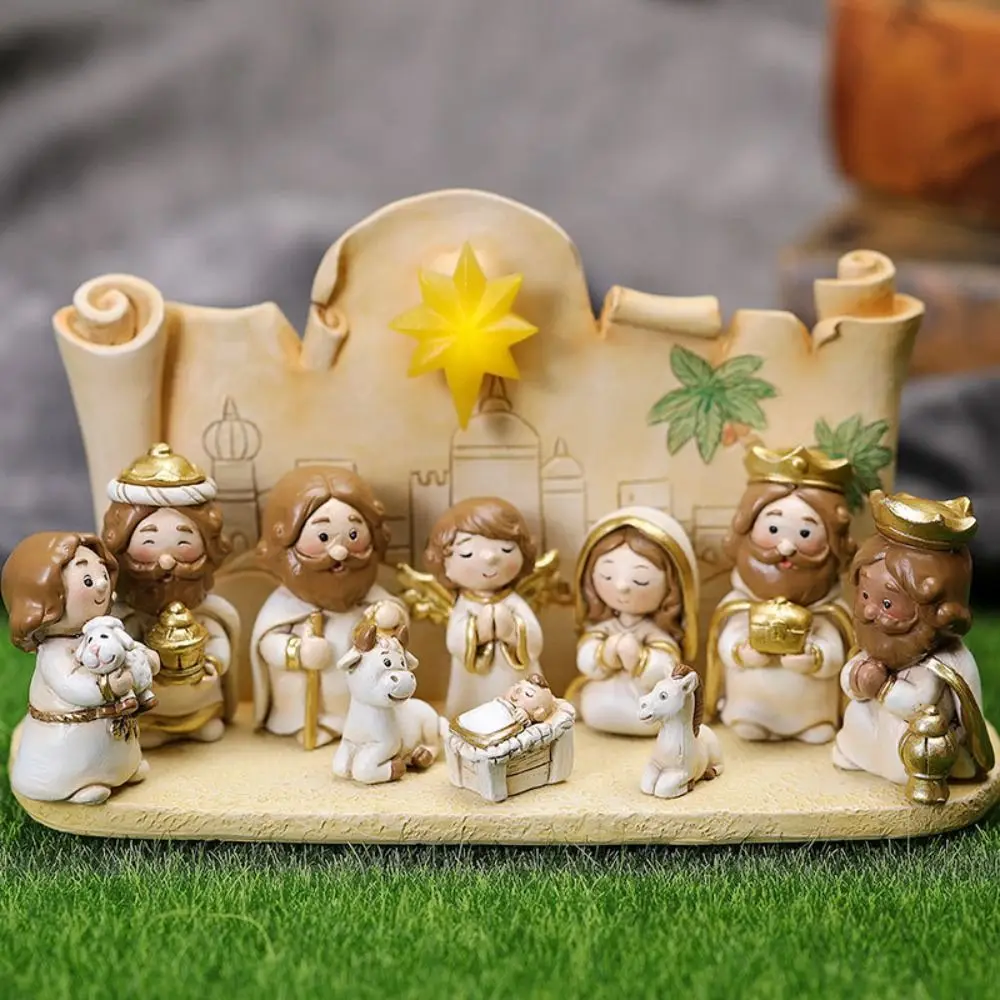 Resin Nativity Manger Ornament Miniature Cartoon Nativity Figurine Hand Painted LED Lights Jesus Child Statue Home Decor