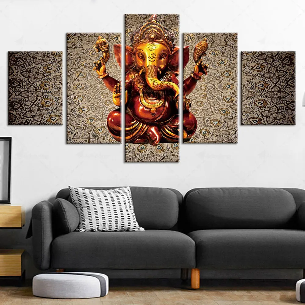 

Artsailing Hindu Gods Wall Art Poster Framework HD 5 Piece Indian Ganesha Pictures Religion Paintings Home Decor For Living Room