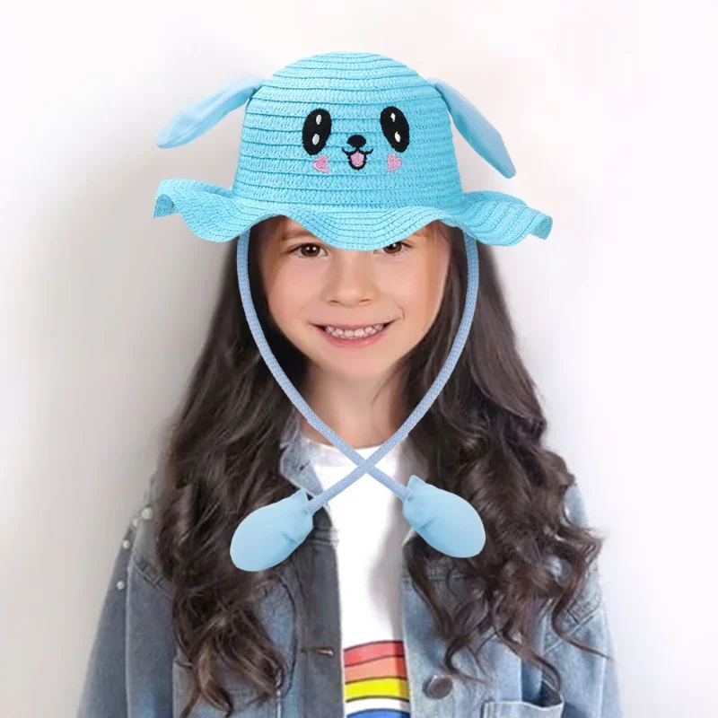 Rabbit Ear Sunshade Straw Hat Children Sun Hat Summer Sunscreen Ear Moving Bunny Hat Cosplay Party Holiday Hats 4-12 Years 3