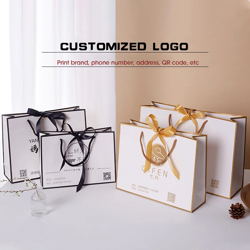 

Подарочные пакеты из белой бумаги с ручкой, Подарочная сумка для торгового фестиваля, упаковка для деловой пижамы, индивидуальный логотип, 100 шт.