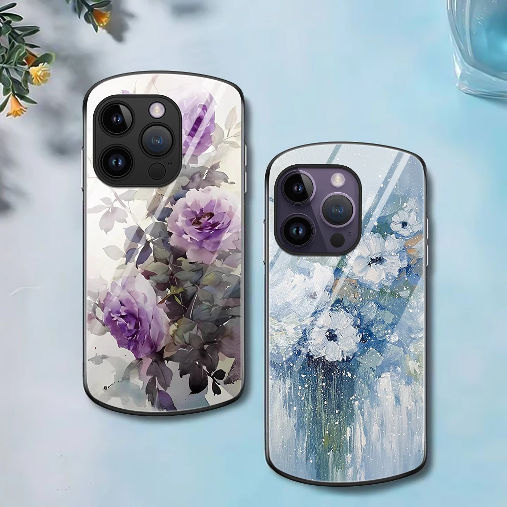 

Oil Painting Flower Phone Case for iPhone 15 14ProMax Plus 13 12 11 Pro Max XR XS Max 7 8 SE Luxury Oval Tempered Glass Cover