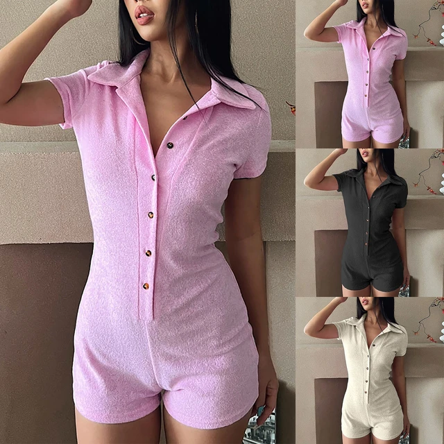 Womens Casual Tight Dress Lapel Button Romper Shorts Long Sleeve