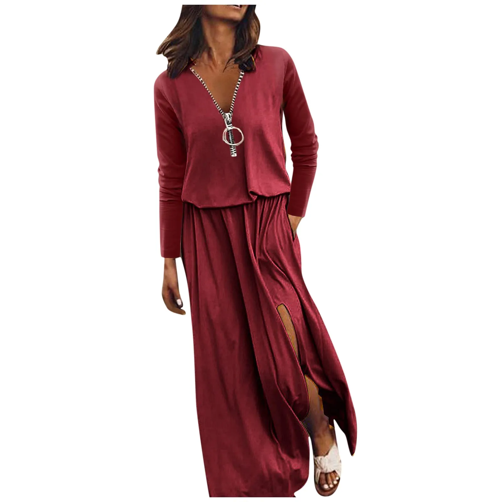 

Women'S Wide-leg Pant Sets Casual Long Sleeve Long Dresses Outfits Elegant Waisted Zip Word Solid Colour Mother Print Dresses