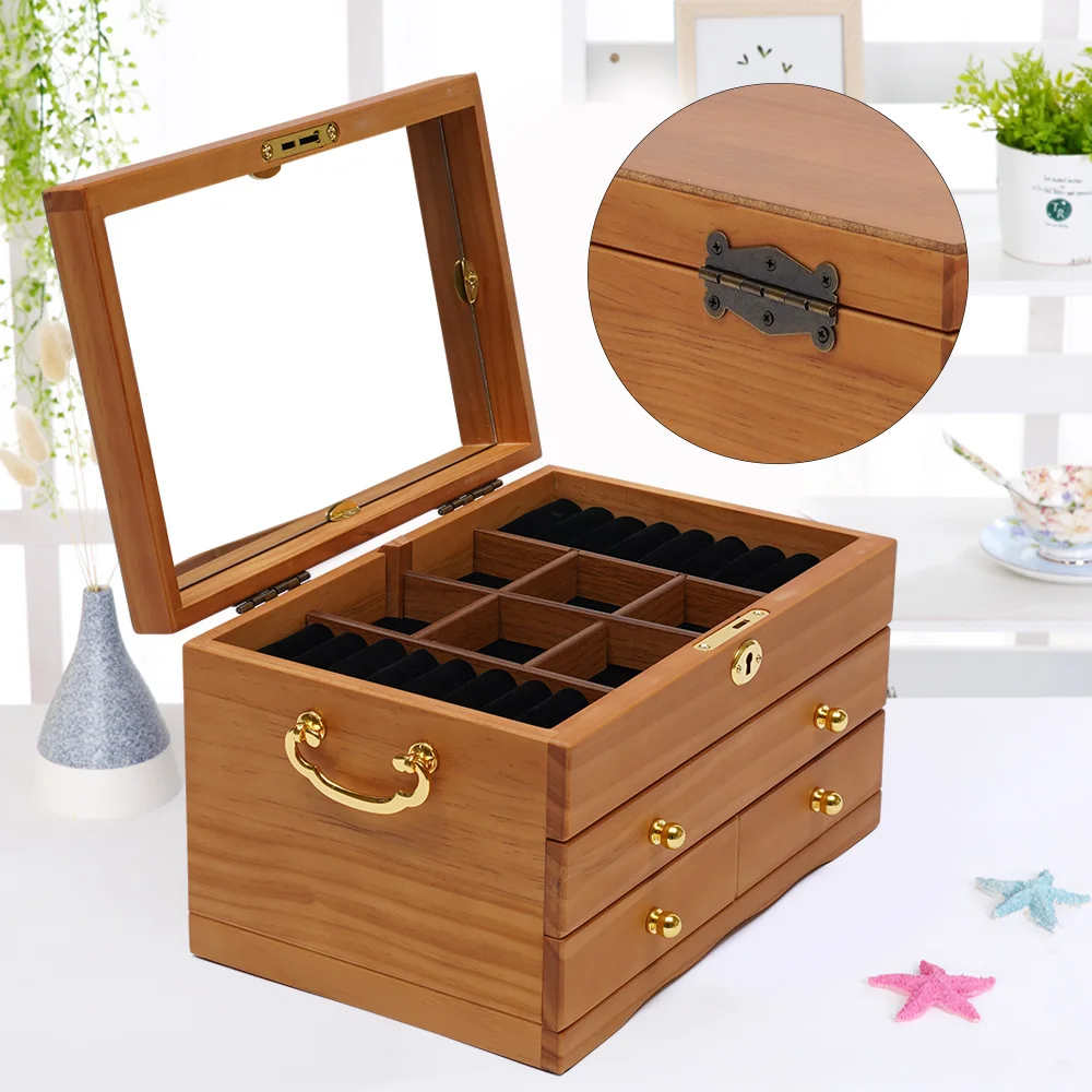 

3 Layers Wooden Jewellery Storage Box w/ 2 Pull Out Drawers with Mirror & Lock for Ring Necklace Watch Earring Bracelet