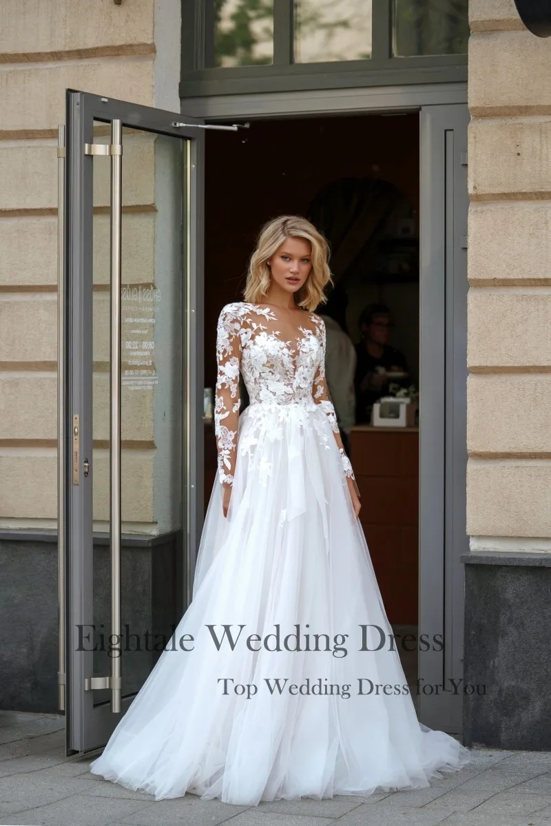 Eightale Elegant Wedding Dress with Long Sleeves Customized Appliques Lace Tulle White Ivory Bridal Gown Vestido De Noiva 3