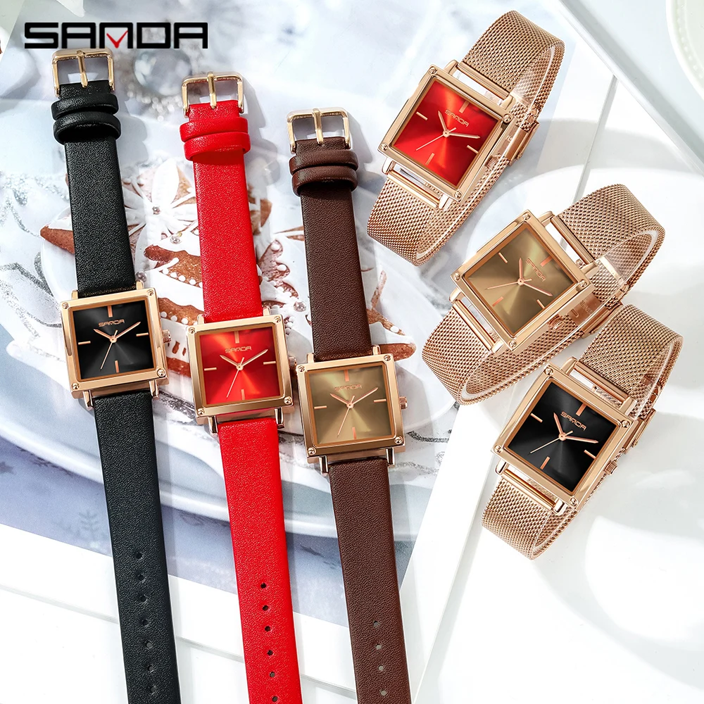 SANDA Women Square Sport Watches Fashion Leather Strap Analog Quartz Wristwatch Big Dial Vintage Elegant Ladies Watch Reloj Muje