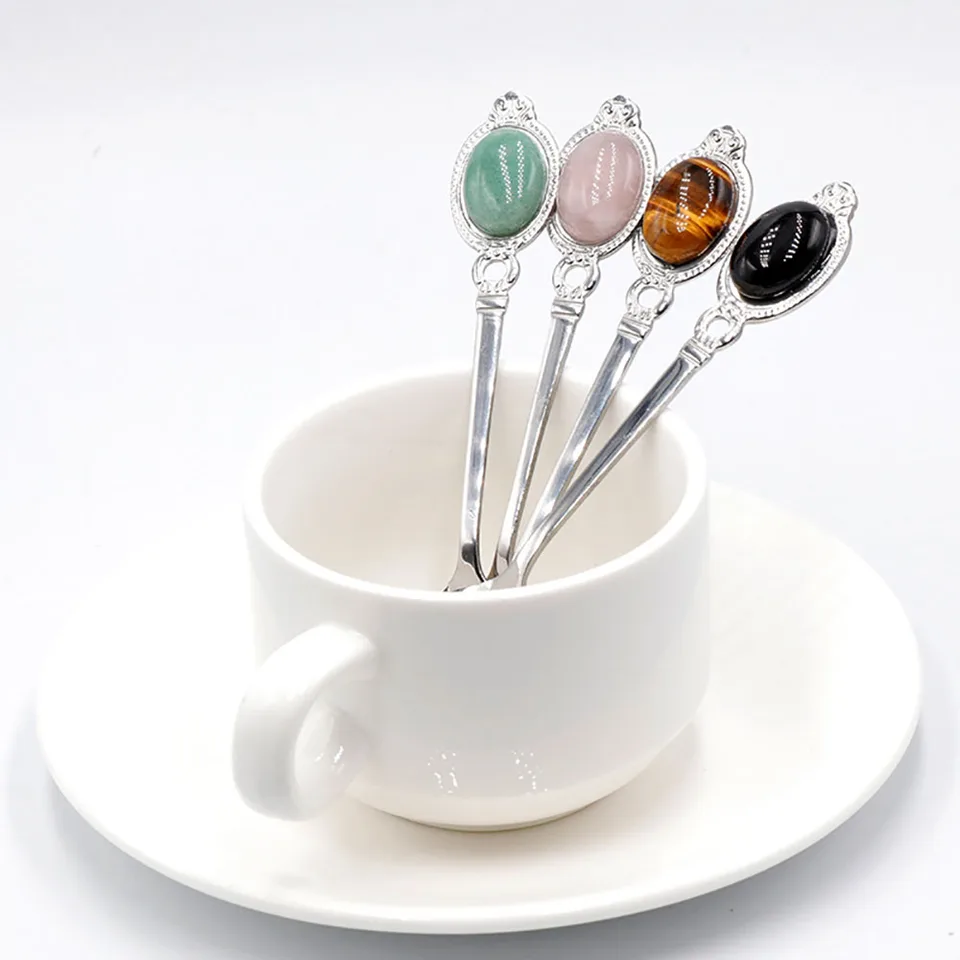 WEISHA Natural Amethyst Crystal Teaspoon - 11cm Brass Handle, Gemstone Stirring Spoon For Coffee, Ice Cream, Home Decor