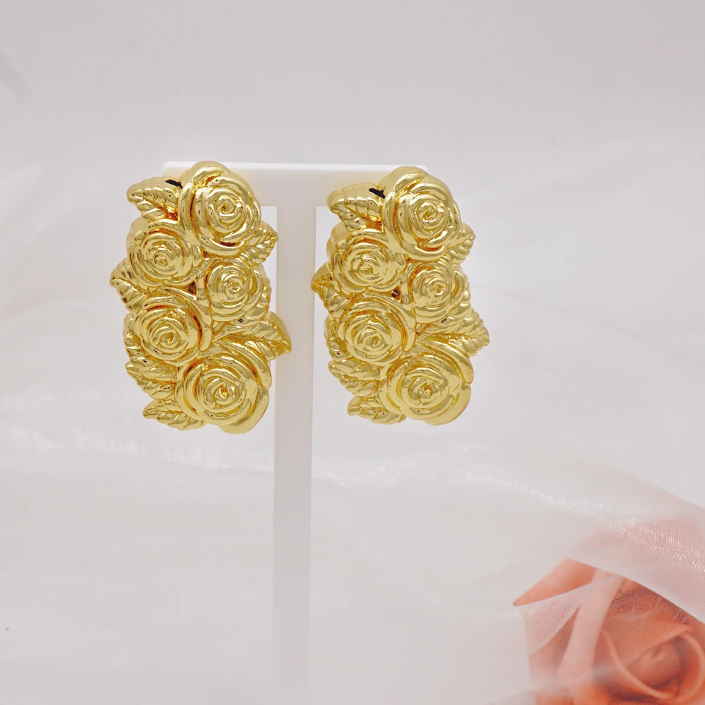 Fine Dangle Drop Earrings For Women Rose Shape Clip Ears Gold Color  Earings For African Dubai Lady Jewelry Acccessories Gifts