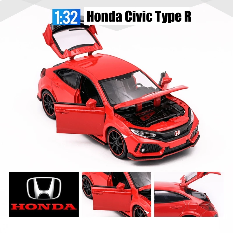 1/32 Honda Civic Type R Toy Car For Children Diecast Miniature Model Pull Back Doors Openable Sound Light Collection Gift Boys 6