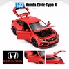 1/32 Honda Civic Type R Toy Car For Children Diecast Miniature Model Pull Back Doors Openable Sound Light Collection Gift Boys 6