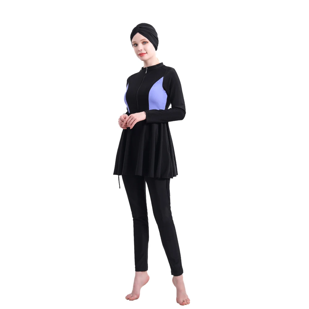 3-piece modest burkini set including top, pants, and hijab in black and purple