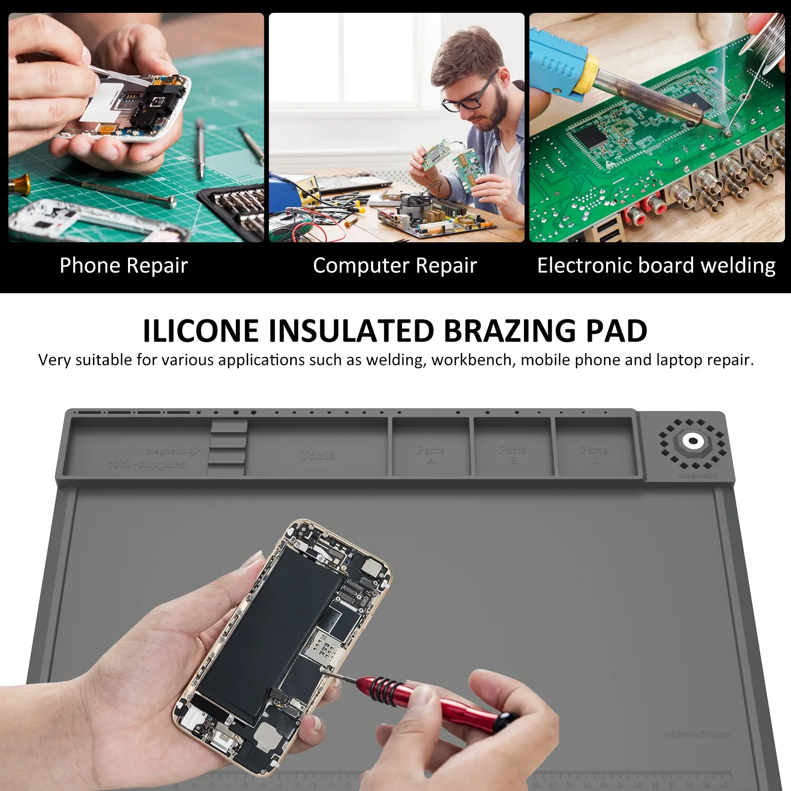 Soldering Station Mat Silicone Work Repair Pad 932&deg;F Heat-Resistant Magnetic Mat for Electronic Phone Laptop Watch Repair
