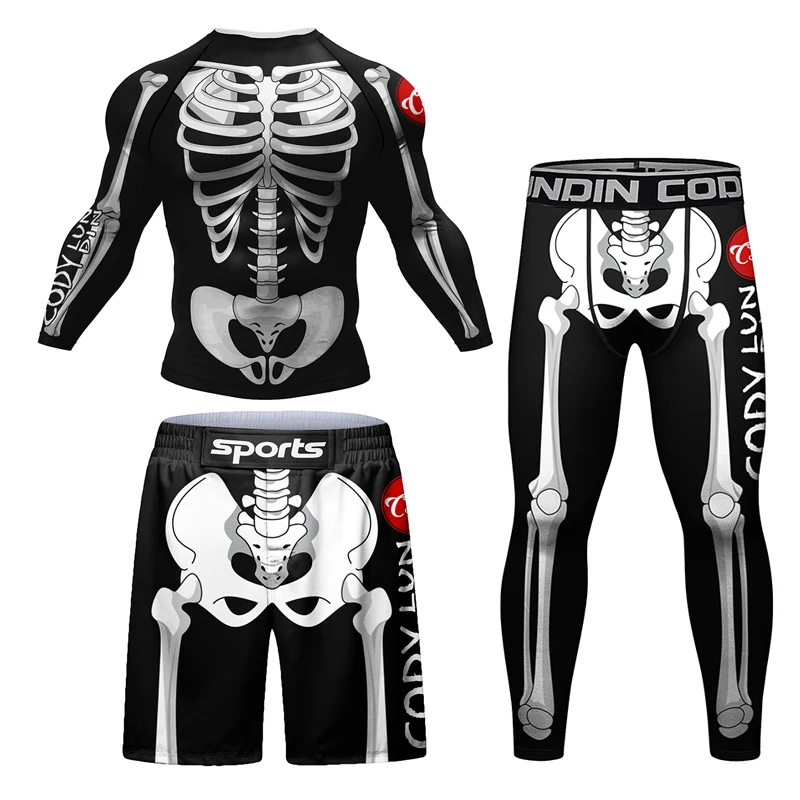 Skull Mma Compression T Shirts + Pants Rashguard Men Boxing Fightwear Thai MMA Kickboxing Shorts Grappling Dummy bjj Sport Shirts