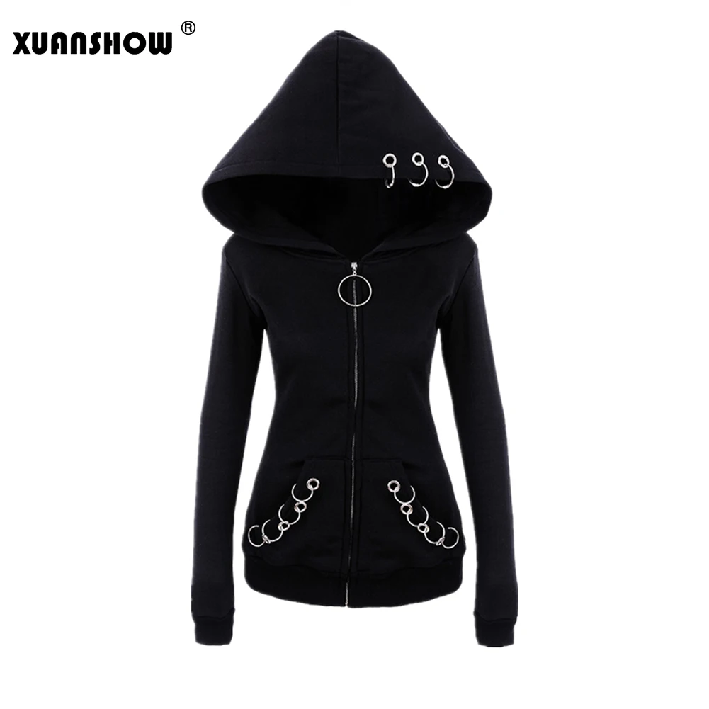 XUANSHOW 2023 Women Hoodies Gothic Punk Iron Ring Sweatshirts Autumn Winter Long Sleeve Zip-up Black Jacket Zipper Ladies Coat