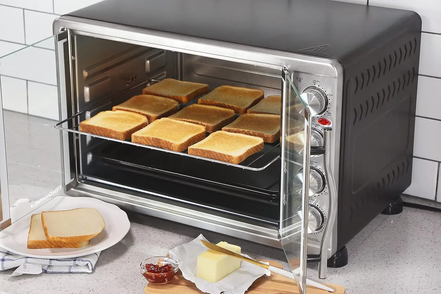 Elite Gourmet -French Door 47.5Qt, 18-Slice Convection Oven 4-Control Knobs, Bake Broil Toast Rotisserie Keep Warm, Inc 4