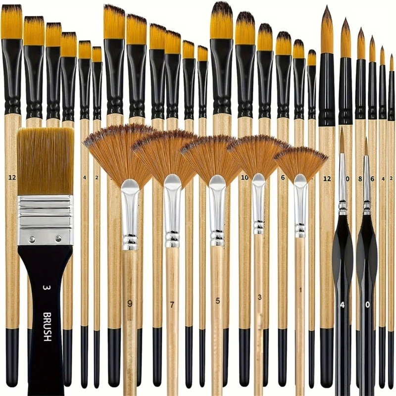32Pcs 나무 손잡이 그림 브러시 예술가 초보자를위한 부드러운 나일론 Bristles 페인트 브러시 오일 수채화 아크릴 그림