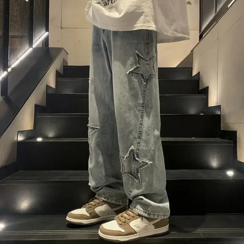 

Straight Trousers with Pockets Graphic Men's Jeans Light Blue Star Man Cowboy Pants Trend 2023 Loose Retro Designer Cotton Baggy