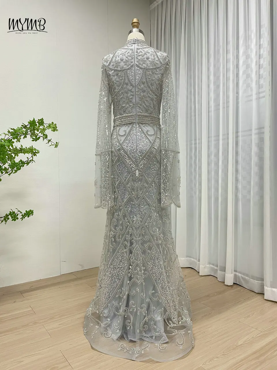 MYMB Angepasst Muslimischen Elegante Cape Ärmeln Frauen Promi Party Kleider Luxus Perlen High Neck Meerjungfrau Abendkleider MB40247B – Detail 13