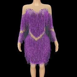 Sparkly Rhinestones Fringes Dress Women Party Prom Birthday Wedding Party Dress Sexy  Nightclub Dance Costume Show Stage Wear