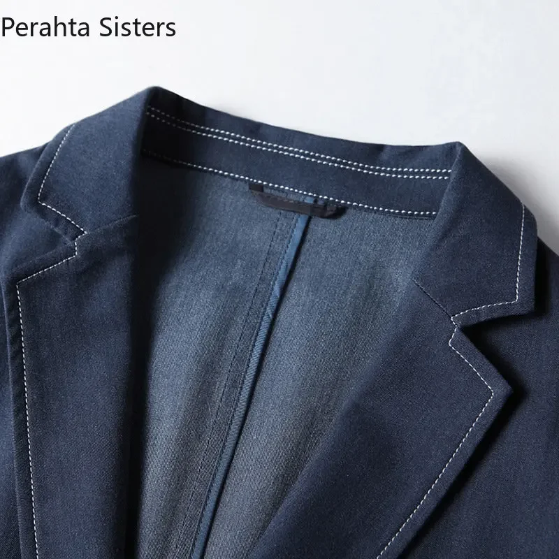Brand Light Luxury Business Casual Blazers For Men Spring Autumn Young Denim Color Open Line Suit Jacket Men's Clothing