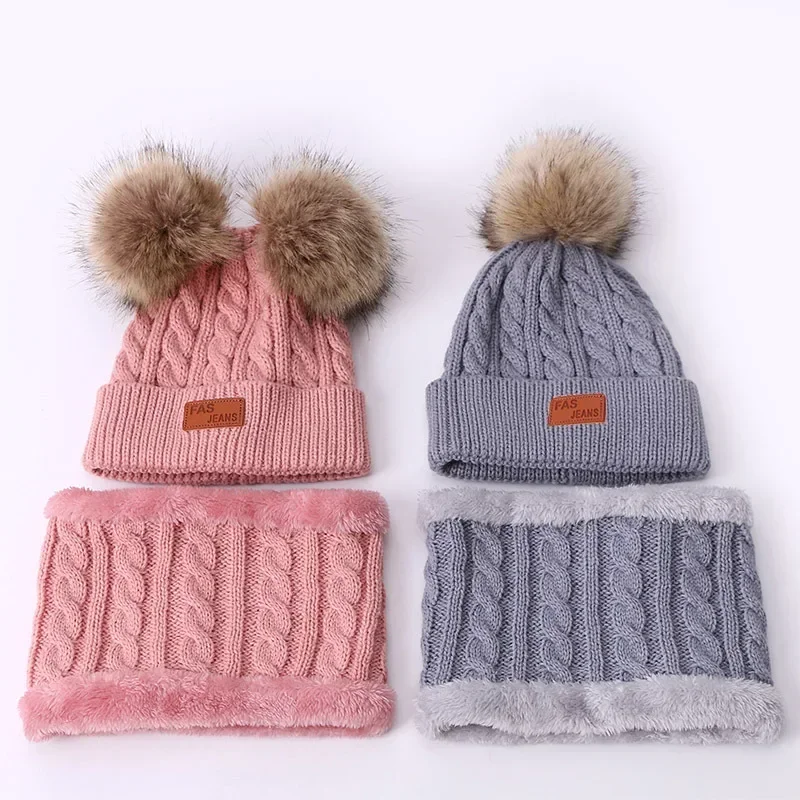 2 in 1 Kids Winter Hat and Neck Warmer Set Child Knitted Hat with Pompom Cute White Toddler Neckwarmer Girls Boys with Snood
