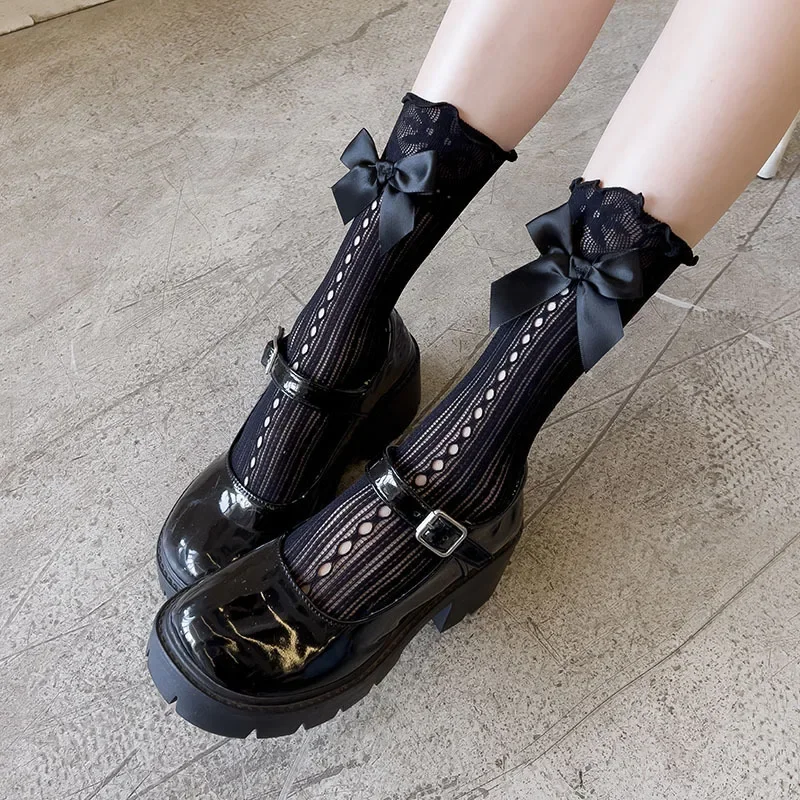 1 Pair Girl Sweet Bow Tie Socks Women Black Lolita Japanese Lace Mesh Fishnet Socks Elasticity Net Yarn Thin Children JK Socks