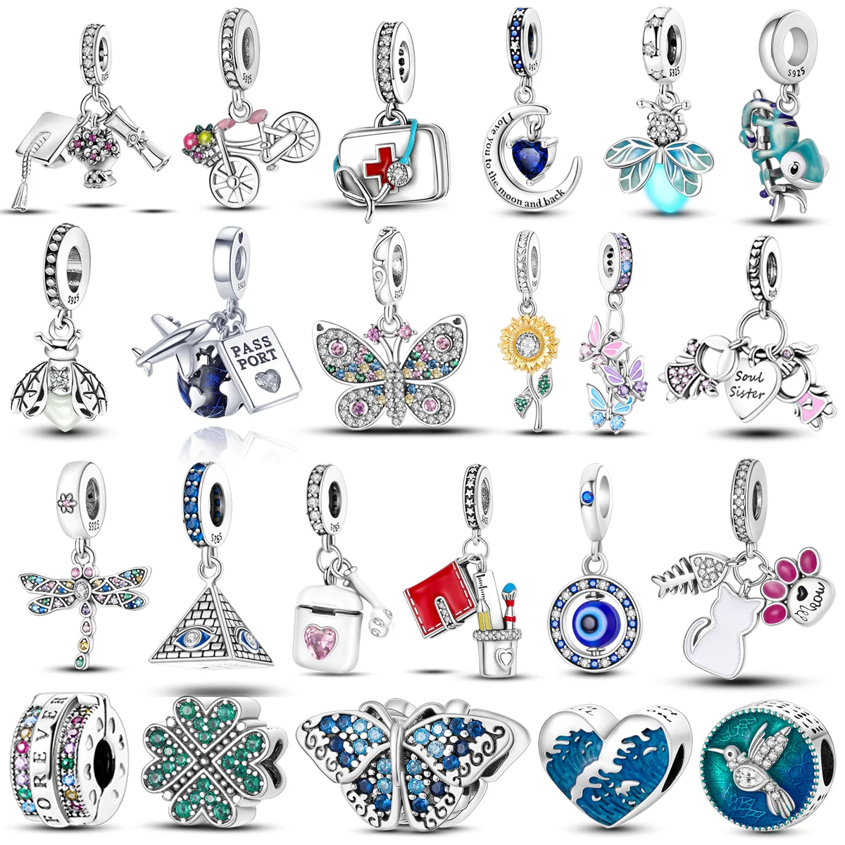 Bangle Jewelry Fit Original Inlaid Zircon Beads Charms 925 Sterling Silver Pendants