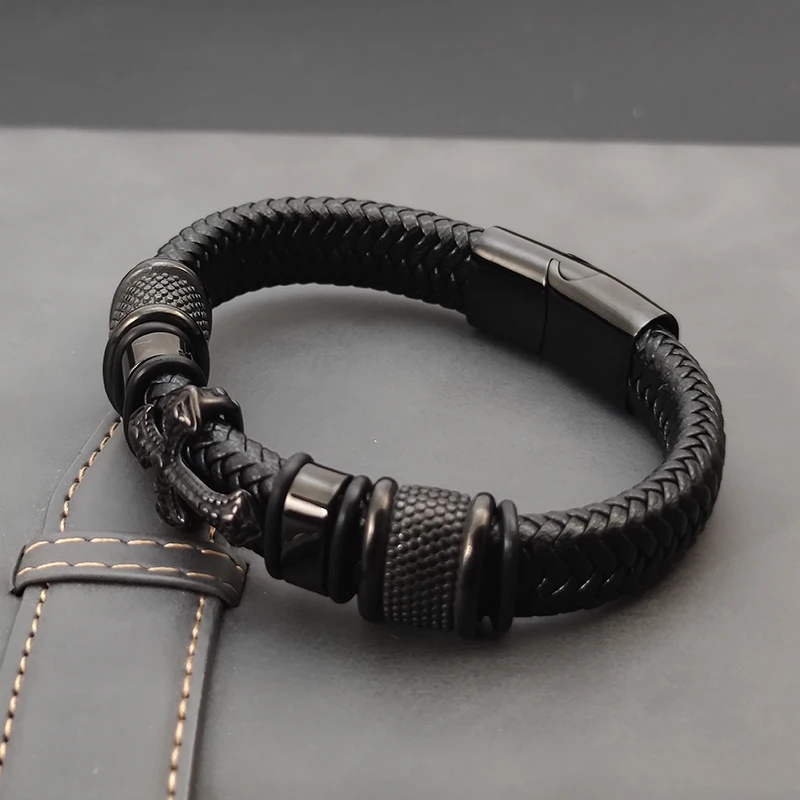 Bracciale Intrecciato Nero Bracciale Uomo In Pelle Intrecciata E Acciaio Inox Con Croce - Bracciale Religioso Elegante Bracciale Unisex Stile Casual
