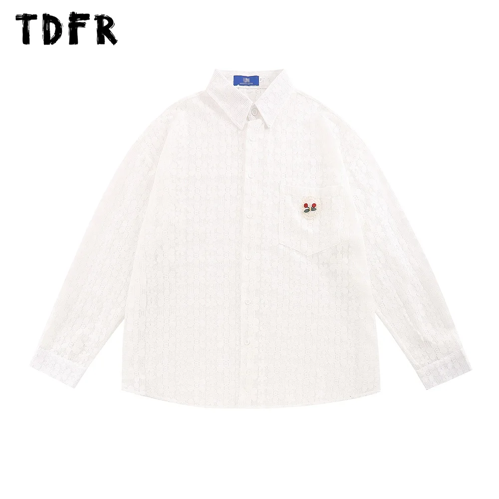 

Pocket Embroidery Lace Shirts Mens Autumn Single Breasted Long Sleeve Casual Loose Lapel Shirts Men