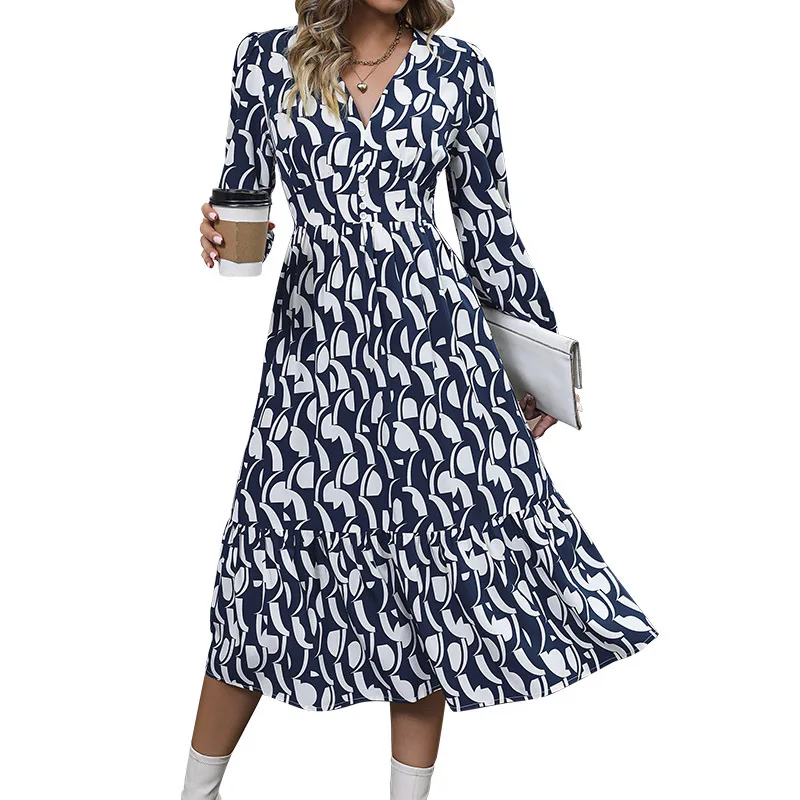 

Fashion Polyester Women's Long Sleeved Printed Dress Vestido Longo Feminino Vestido Elegante Mujer Vestidos Mujer Casual