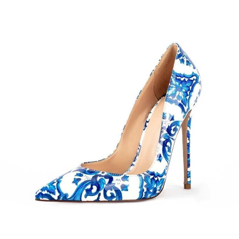 2023 New Blue and White Ceramic Same Color Pointed Thin Heel Lacquer Leather Elegant Sexy Women's Super High Heel Banquet Shoes