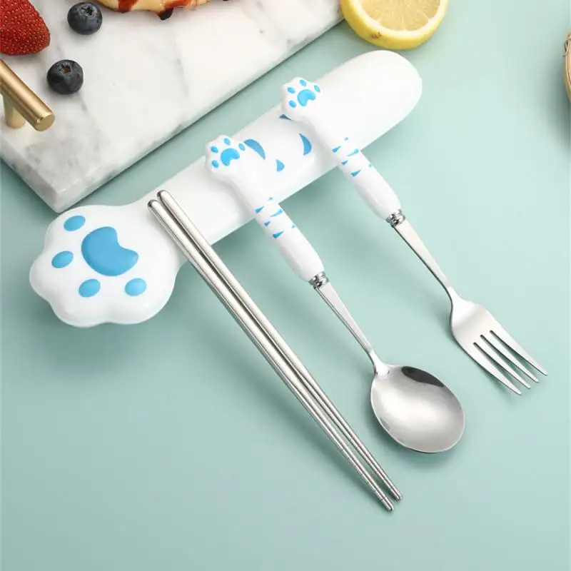 Cutlery set western style cutlery set picnic cutlery set stainless steel cutlery set Cat Paw Cutlery Set Stainless Steel Fork Spoon Chopsticks Storage Box Dinnerware Tableware Silverware Lunch Bento Accessories