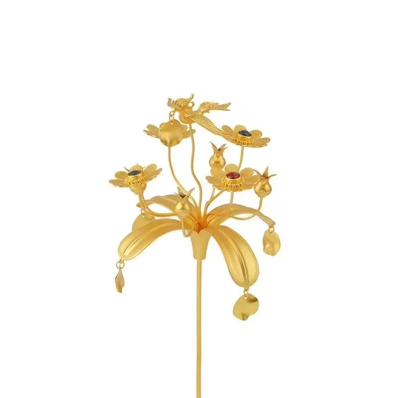

Pure Copper Gold-Plated Flower and Bird Crown Hanfu Jewelry Hairpin
