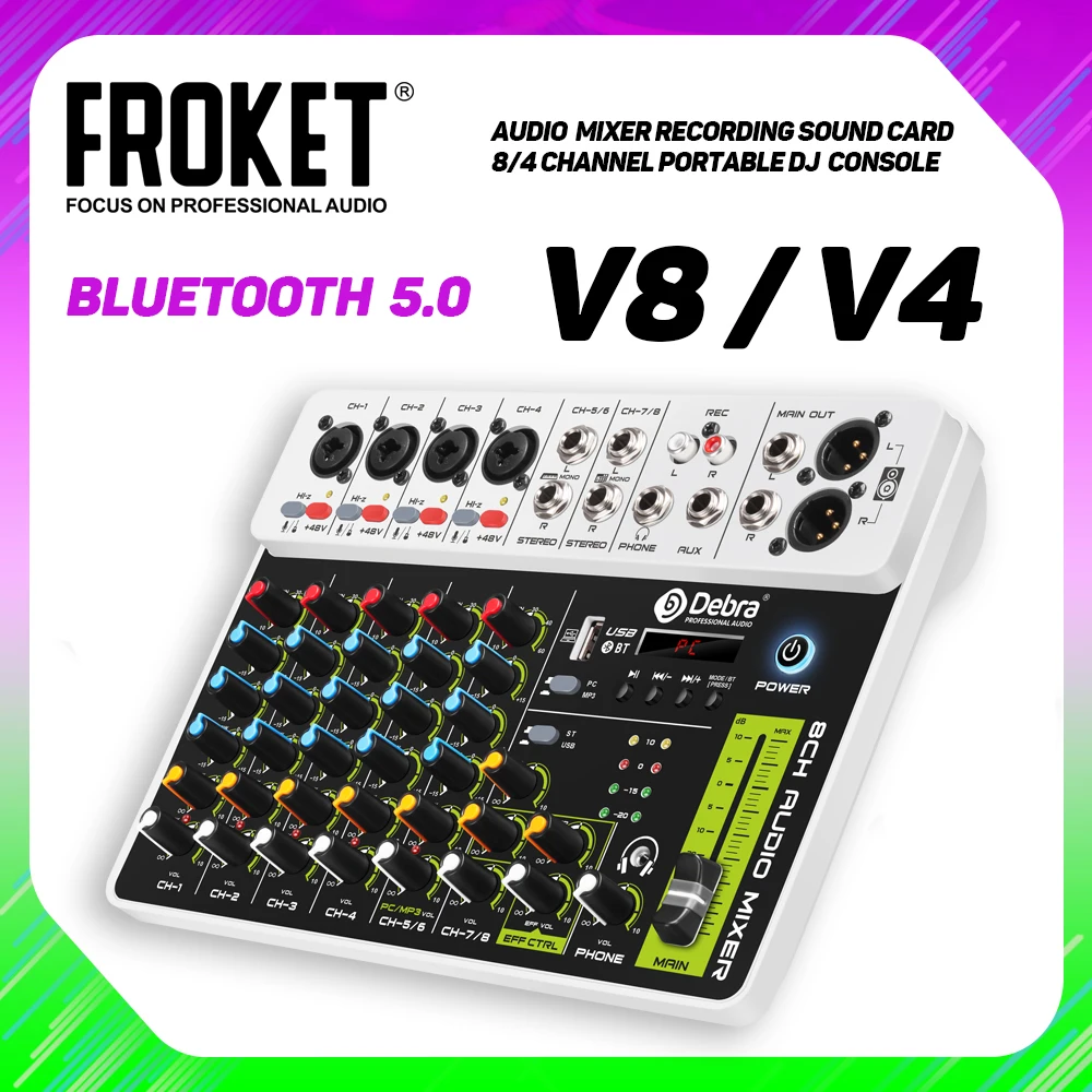 FROKETV8AudioMixerDJControllerMixer50Bluetooth48VPhantom