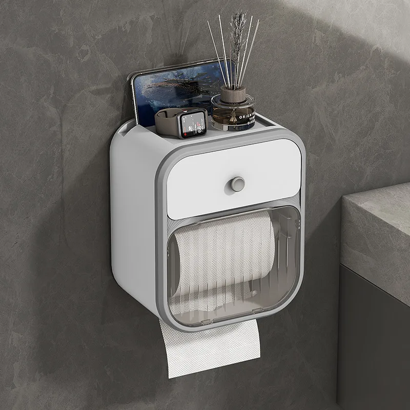 Toilet paper holder wall mounted suction box without punching roll paper box waterproof double-layer toilet storage rack