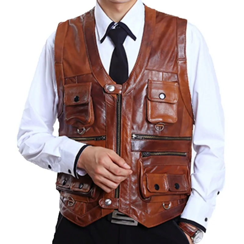 Cowhide Genuine Leather Vest Mens Brown Waistcoat Male Sleeveless Jacket Thick Motorcycle biker safety vest  Multi Pocket coat classic leather belt for men luxury business male cowhide leather belts 3 0 cm casual pin buckle belt for men dropshipping