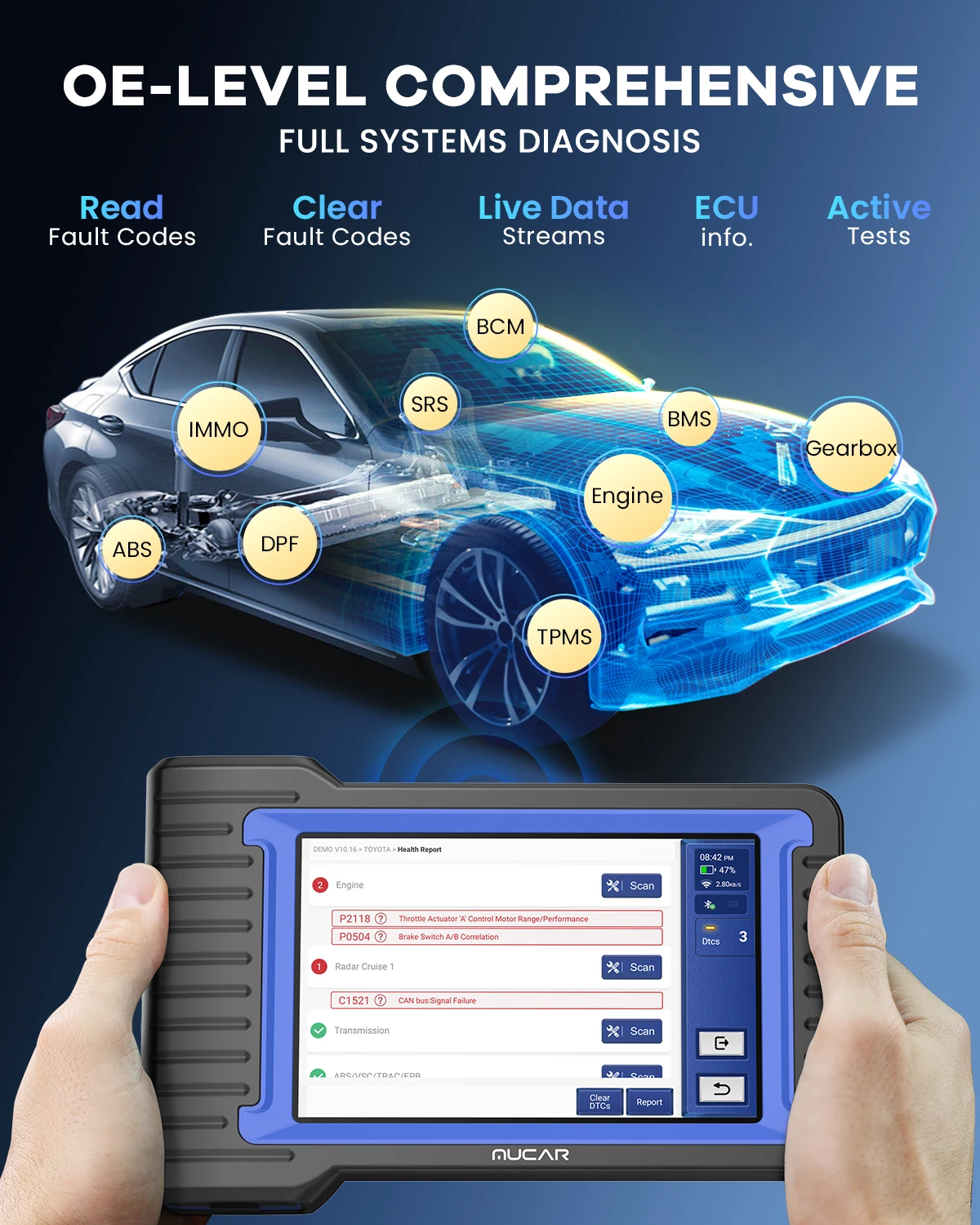 MUCAR VO7 VO7S herramientas profesionales de diagnóstico de coche automotriz Obd2 escáner de coche herramienta de diagnóstico automático codificación ECU prueba activa 28 reinicio