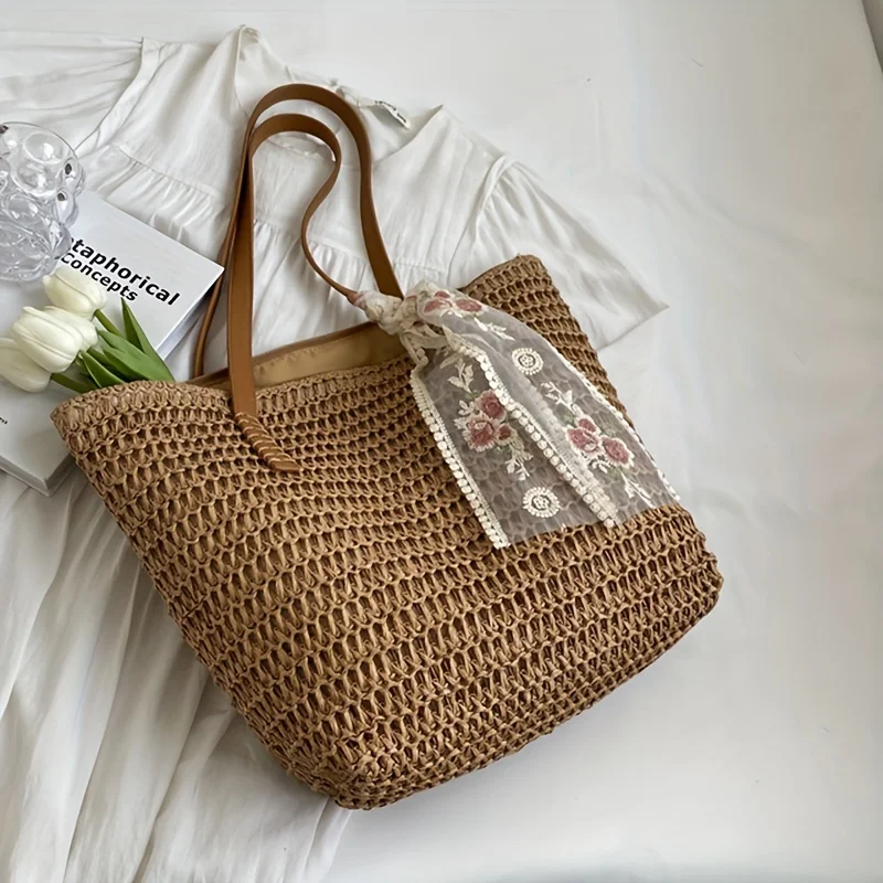 Summer Large Capacity Women's Handbag, Straw Woven Shoulder Bag Summer Versatile Beach Vacation Beach Bag