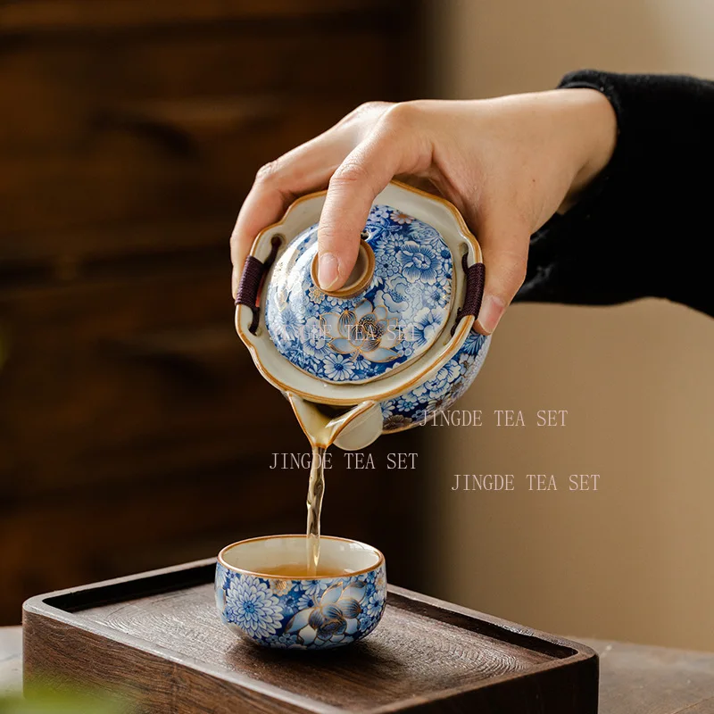 Ceramic Flowers Ru Kiln Handmade Pot Home Tea Tasting Cup High end Kung Fu Tea Set
