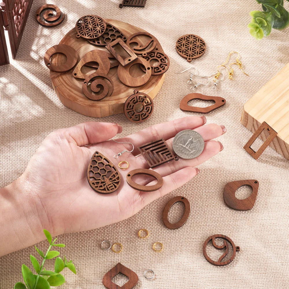 1Box Walnut Wood Pendants for Dangle Earring Making Hollow Leaf Teardrop Earring Wooden Charms with Hook Jump Rings Jewelry Kits