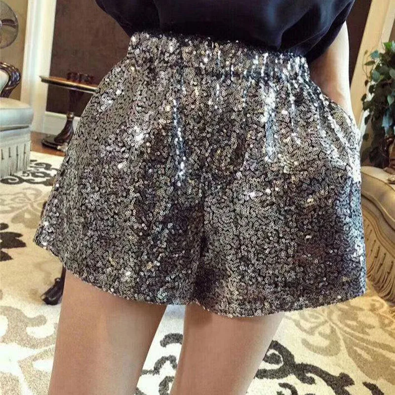 Trend Fashion Sequined Shorts for Female Summer New Casual All-match Elastic High Waist Wide Leg Loose Pants Women's Clothing