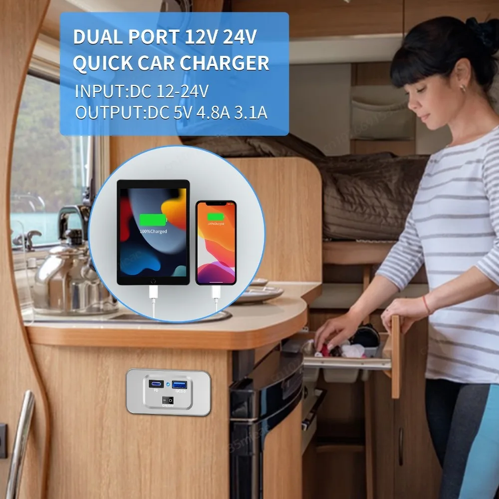 PD 타입-C & 퀵차지 QC3.0 USB-A 포트 패널 벽걸이 차량용 USB 소켓 충전기 RV 해양 보트 오토바이용 전원 어댑터